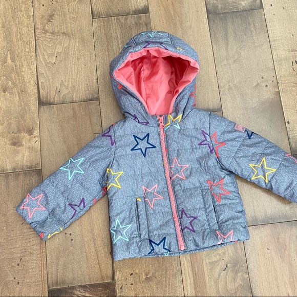 GAP Other - Baby Gap Primaloft Quilted Puffer Jacket Toddler Girl Coat Stars Gray Hooded Zip